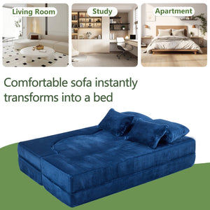 English Elm Queen Foldable Sofa Bed with Plush Chenille Cover, High-Density Foam Convertible Futon for Living Room Guest Room Bedroom Blue W1829P348211