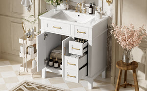 English Elm 30" Bathroom Vanity with Ceramic Sink and Deep Storage, Soft-Close Doors, Gold Handles, Durable Wood Frame White N729P276610K