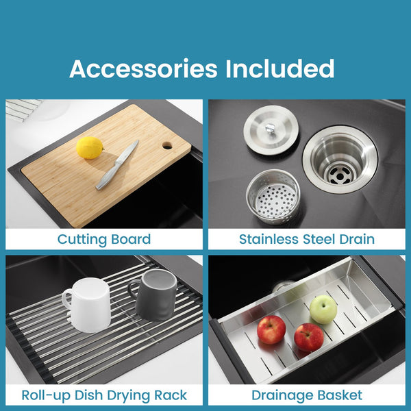 English Elm Stainless Steel Handmade Black Single Bowl Kitchen Sink with Cutting Board and Colander T3177P296187