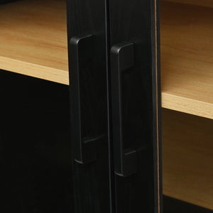 English Elm Farmhouse Media Console with Arched Glass Doors Wood Grain Two Tone Living Room Storage Black N721P411204B