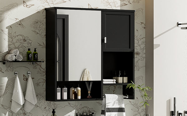 English Elm 29'' Modern Wall Mounted Medicine Cabinet with Mirror, Spacious Adjustable Shelves, Towel Bar and Durable MDF Finish Black N710P209440B