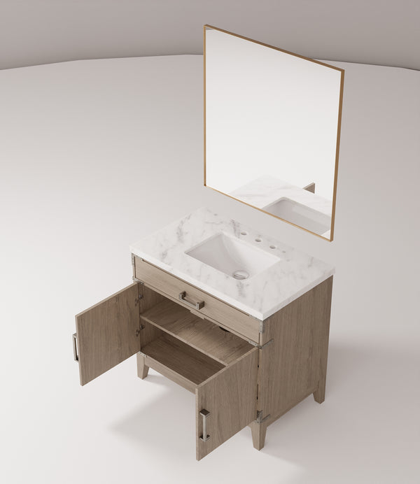 English Elm Grey Oak Single Bath Vanity 36in W x 22in D with Carrara Marble Top, Soft-Close Storage & 34in Mirror B2731S01462