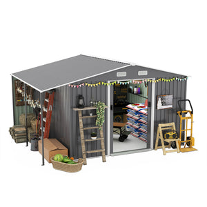 English Elm 10x12 Ft Galvanized Steel Outdoor Shed Dual Zone Lockable Sliding Doors Backyard Storage Dark Gray W1598S00034