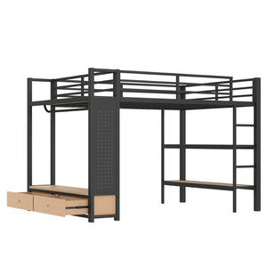 English Elm Queen Loft Bed Frame With Wardrobe & Shelves - Modern Metal Design For Space-Saving Storage & Work W1580S00233-GIGA