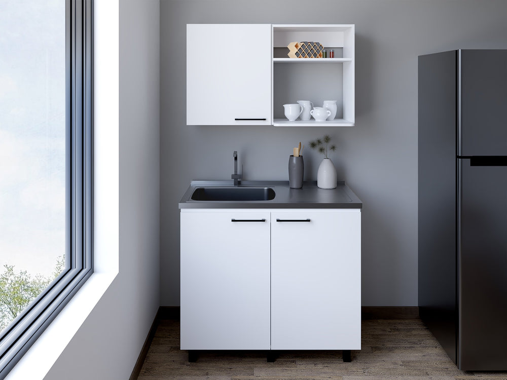 English Elm Alexandria Wall Cabinet & Utility Sink Set in White – Engineered Wood, Stainless Steel Top, Space-Saving Design B092S00221