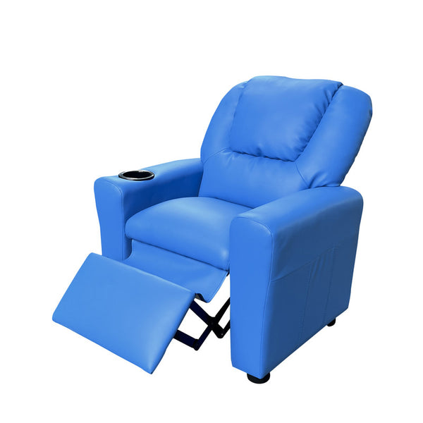 English Elm Carisa Youth Pu Leather Recliner Chair with Cupholder for Playroom or Bedroom Blue B2749P413219