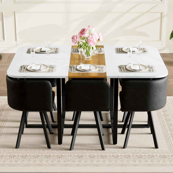 English Elm 7-piece Modern Dining Set Faux Marble Wood Tabletop with Six Leather Chairs W3875S00131