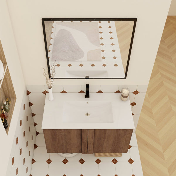 English Elm 36" Floating Bathroom Vanity Light Oak Modular Cabinet with Gel Coat Integrated Sink Brown Ebony,Glossy White W3450S00066