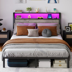 English Elm Queen Metal Platform Bed with Rgb Led Headboard Shelving and Built-in Charging Ports T3963P447323
