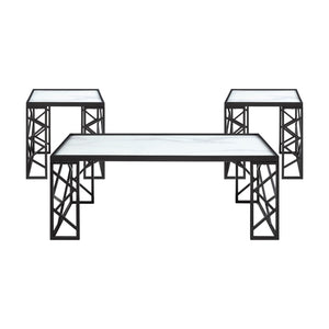 English Elm Occasional Astral 3pc Table Set - White Marble Tempered Glass Tops with Black Metal Geometric Frame B011P297568