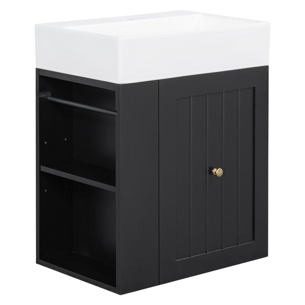English Elm 20-Inch Compact Bathroom Vanity with Ceramic Sink, Wall-Mounted MDF Cabinet, Modern Space-Saver Design Black N725P314023B