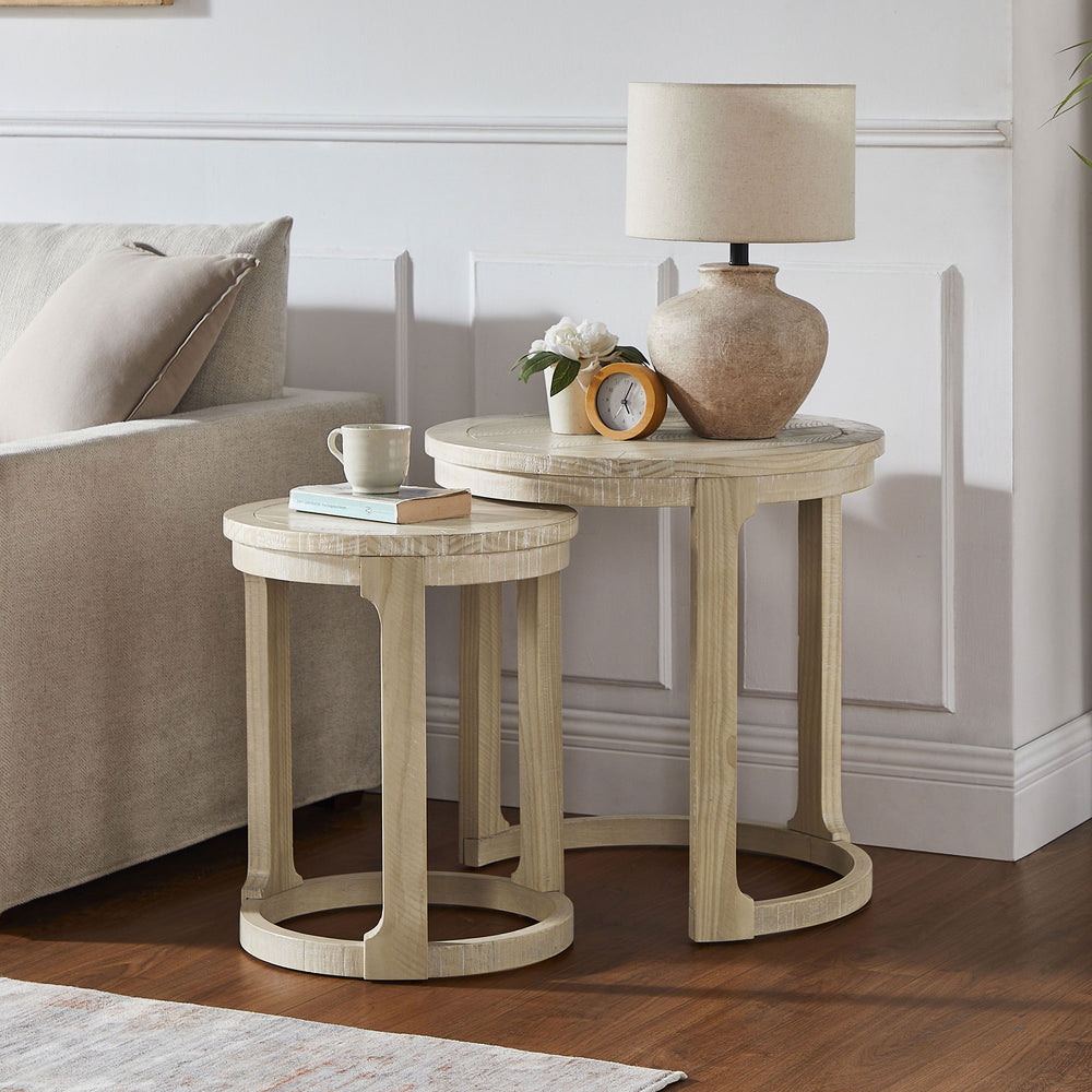 English Elm 24 Inch Round Pine Wood Nesting Side Tables Set of 2 Mid Century Rustic Living Room Accent Oak W2582P385364