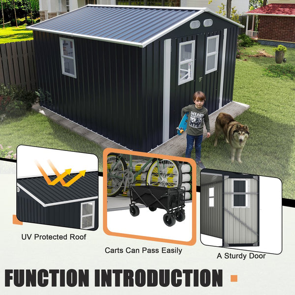 English Elm Outdoor Metal Storage Shed 8x8 Ft with Four Windows and Lockable Double Doors Dark Gray W1598S00041