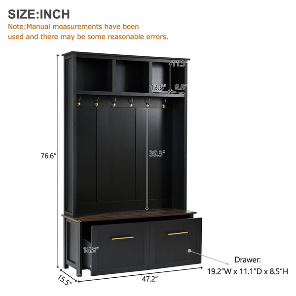 English Elm On-trend Entryway Hall Tree with Gold Hooks Bench Drawers and Shoe Cabinet Storage Black N721S000056B-1