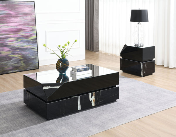 English Elm Drisana Black Mirrored Finish End Table with Tempered Glass Accents, Composite Wood, Modern Chic B2726P247234