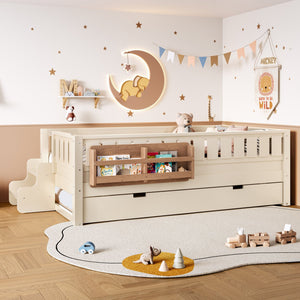 English Elm Twin Kids Platform Bed with Trundle Staircase Bookshelf and Rounded Safety Rails Beige W1580S00556