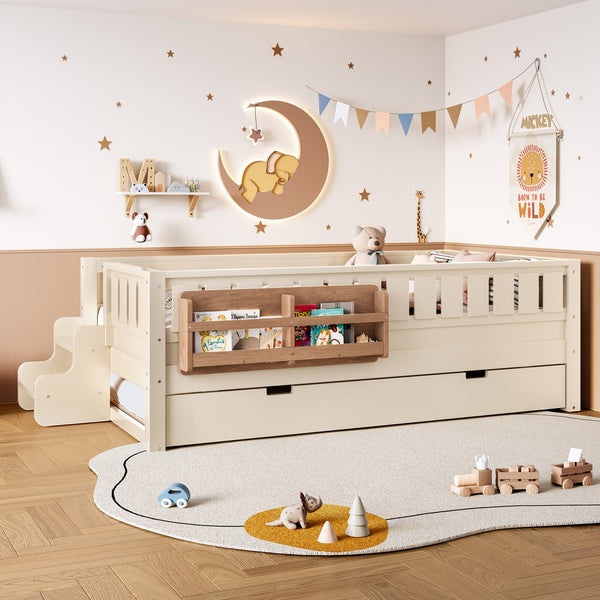 English Elm Twin Kids Platform Bed with Trundle Staircase Bookshelf and Rounded Safety Rails Beige W1580S00556