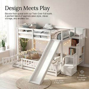 English Elm Twin Over Full Bunk Bed Solid Pine Frame with Built-in Slide and Storage Staircase White W504S00290