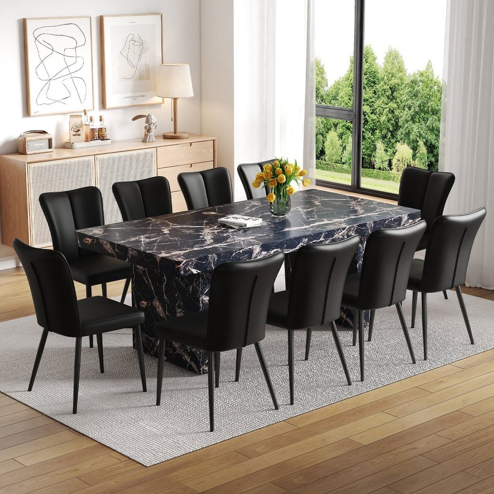 English Elm Table and Chair Set 10 Seat Mdf Black Marble Dining with Striped Pu Leather Chairs W1151S04140