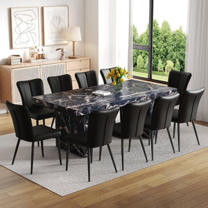 English Elm Table and Chair Set 10 Seat Mdf Black Marble Dining with Striped Pu Leather Chairs W1151S04140