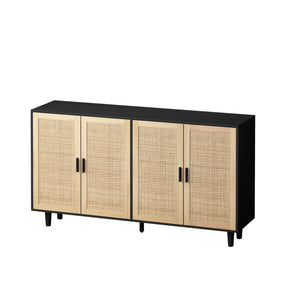 English Elm 62.20"Elegant 4-Door Rattan Storage Cabinet with Solid Wood Legs, Black, Spacious Shelves & Easy Assembly W757P174987