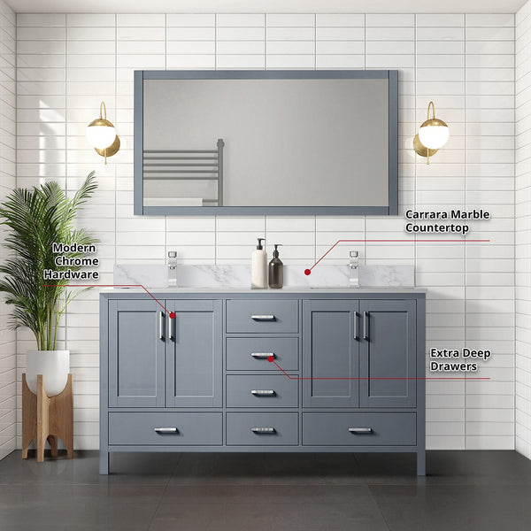 English Elm Dark Grey Double Bath Vanity 60 in W x 22 in D with Carrara Marble Top, Chrome Faucet & 58" Mirror Durable B2731S00992