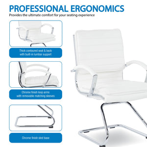 OSP Home Furnishings Guest Faux Leather Office Chair with Chrome Sled Base and Ergonomic Lumbar Support White SPX23595C-U11