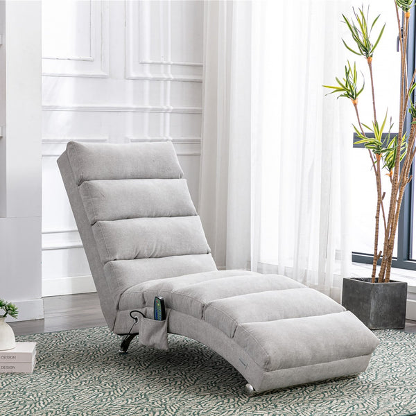 English Elm Linen Ergonomic Massage Chaise Lounge with Remote Control, 140° Recline, Foam Cushion Comfort and Sturdy Frame LIGHT GREY W39539625
