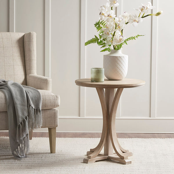 JLA Home Martha Stewart - Round Accent Table — Martha Stewart Bedford Ash Veneer Top with Reclaimed Wheat Cross-Leg Base, Versatile End/Side Piece MT120-0023
