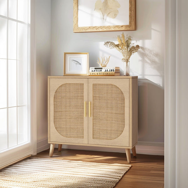 English Elm Buffet Cabinet Rattan Door Panels Solid Wood Feet Farmhouse Style Entryway Storage Natural W2386P207789