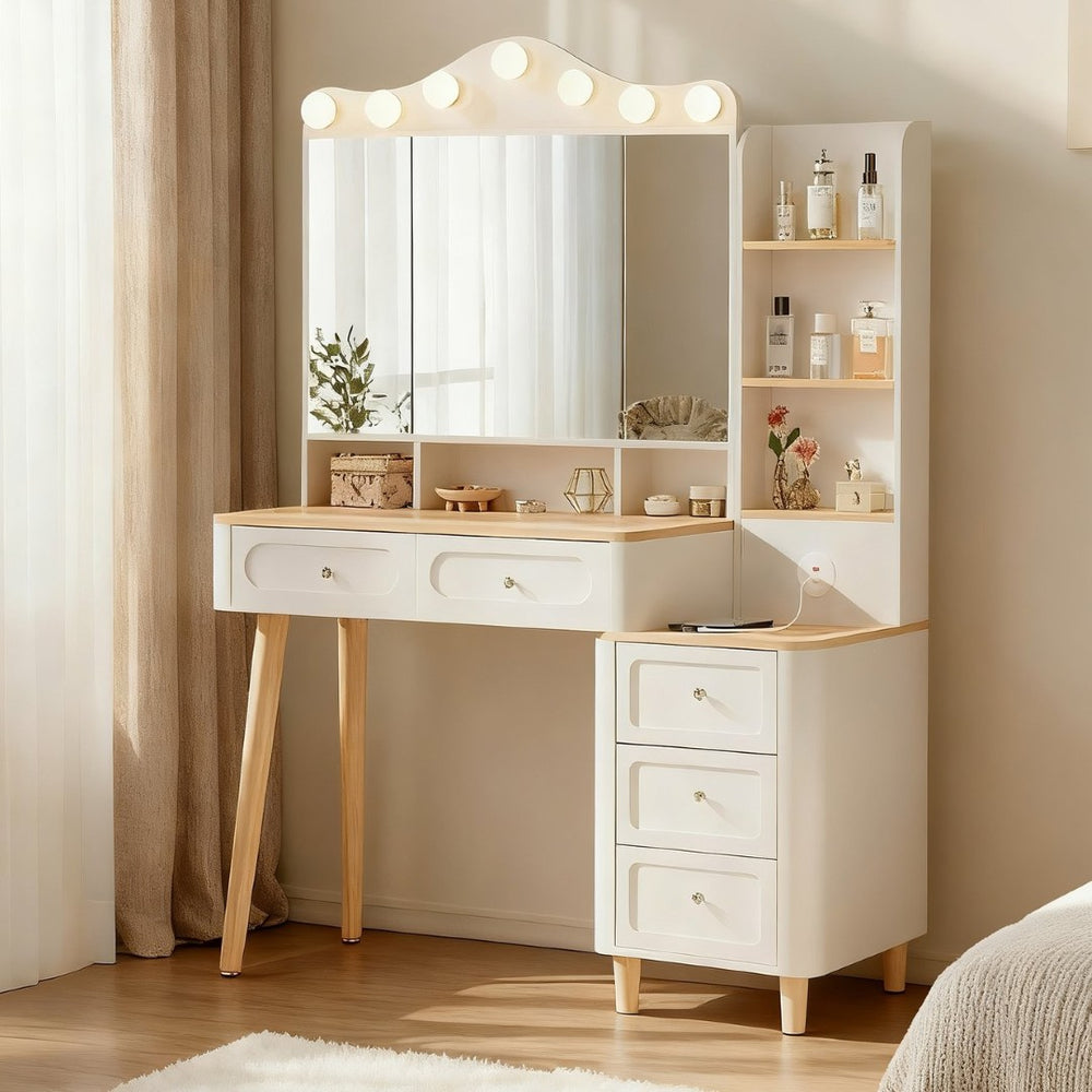 English Elm Vanity Desk With 3 Lighting Modes, Usb Ports, Foldable Mirror & Ample Storage For Small Spaces W3767S00001-GIGA