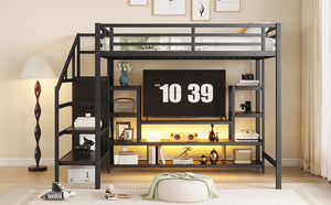 English Elm Full Size Metal Loft Bed With Integrated Tv Stand, Staircase & Wardrobe - Perfect For Kids & Teens! W2593S00012