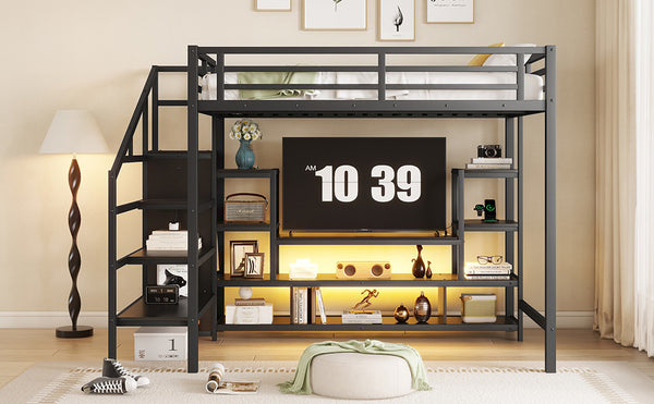 English Elm Full Size Metal Loft Bed With Integrated Tv Stand, Staircase & Wardrobe - Perfect For Kids & Teens! W2593S00012