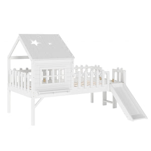 English Elm Twin Playhouse Loft Bed Solid Pine Frame with Slide Led Lights and Star Roof White W5316S00001