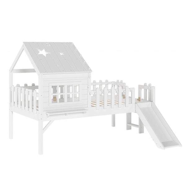 English Elm Twin Playhouse Loft Bed Solid Pine Frame with Slide Led Lights and Star Roof White W5316S00001