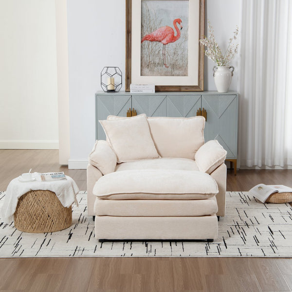 English Elm 44.5" Oversized Club Chair with Ottoman Chenille Upholstered Solid Wood Reading Seat Beige W3244S00008