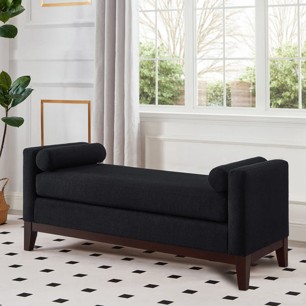English Elm Large Boucle Upholstered Window Bench with Armrests and Throw Pillows for Entryway Black W2186P454318