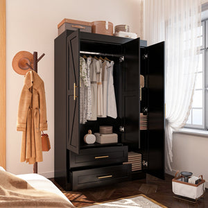 English Elm Shaker Three Door Wardrobe Armoire with Hanging Rod and Shelves for Bedroom Black T3210S00006