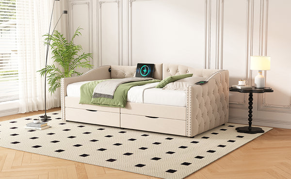 English Elm Upholstered Twin Daybed with Linen Tufted Back Nailhead Arms and Storage Drawers W1670P391274