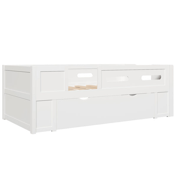 English Elm Wood Twin Platform Bed for Kids with Fence Guardrail and Under Storage Drawer White N709P385777K