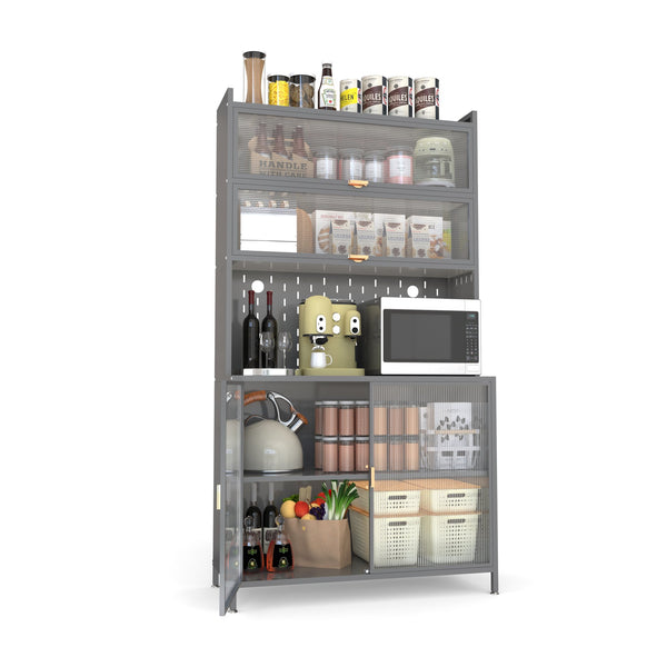 English Elm 73'' Tall 6-Tier Steel Pantry Cabinet with Flip Door & Pegboard, Adjustable Shelves, Anti-Tip Storage Grey W3387P306357