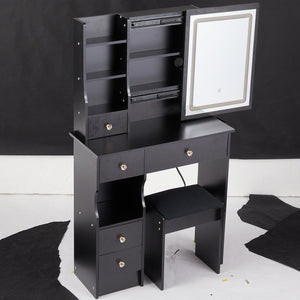 English Elm 29.2" Compact Vanity Table With Led Mirror & Cushioned Stool - Space-Saving Design For Small Rooms W936P226035