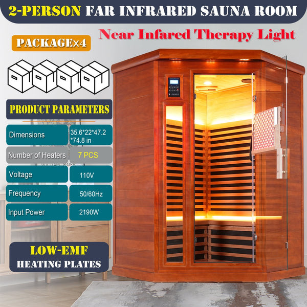 English Elm Far Infrared Corner Sauna for Two Okoume Wood Low Emf Red Light Therapy Home Spa W3973S00012