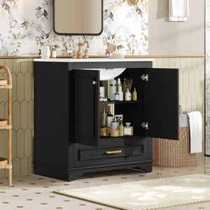English Elm 30" Elegant Bathroom Vanity with Ceramic Sink, French-Inspired Compact Cabinet with Drawer & Shelf Black N710P317676B