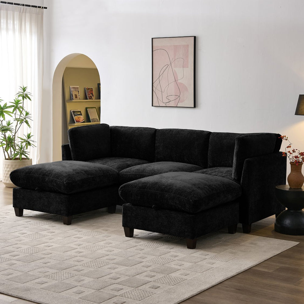 English Elm 96.5" L-shaped Chenille Sectional with Storage Ottoman Eucalyptus Frame Living Room Black W1097S00285