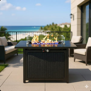 English Elm 43 Inch Faux Rattan Propane Fire Pit Table 50000 Btu with Glass Shield Lava Rock B082P454992
