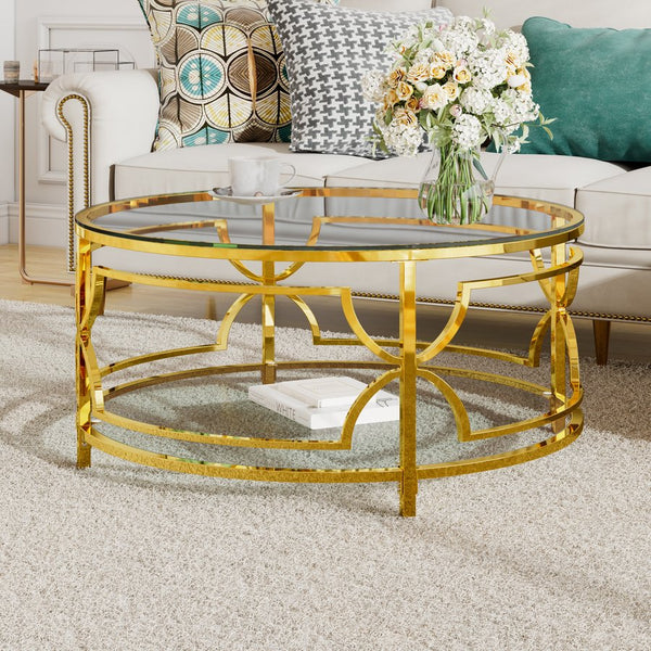 English Elm Round Tempered Glass Coffee Table with Gold Geometric Metal Base and Open Storage Shelf Transparent N735P396530K