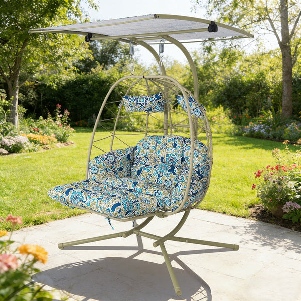 English Elm 2-person Outdoor Wicker Egg Chair Hanging Swing with Canopy Stand and Cushions Cyan T5880P502254