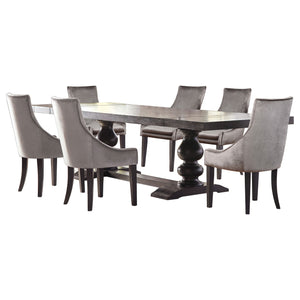 English Elm Vallerie 7-Piece Grey Velvet Dining Set with Distressed Noir Trestle Table & Extendable Leaves for 10 Guests B062S00883