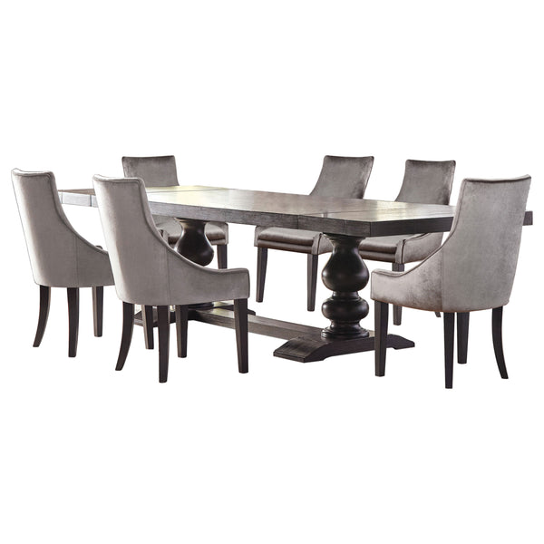 English Elm Vallerie 7-Piece Grey Velvet Dining Set with Distressed Noir Trestle Table & Extendable Leaves for 10 Guests B062S00883